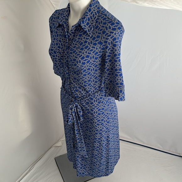 Laundry by Shelli Segal blue multi lattice print 3/4 quarter sleeve shirt dress - Picture 4 of 14
